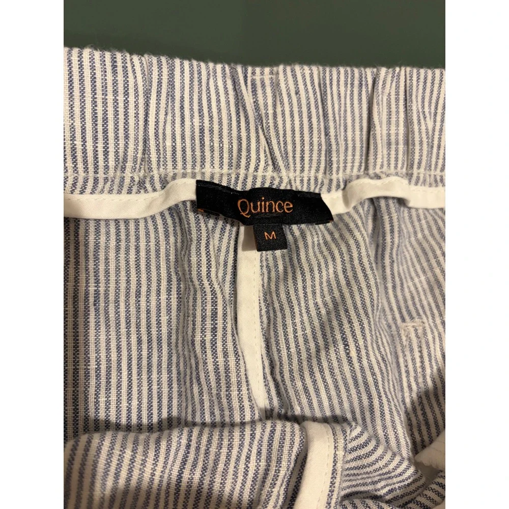 Quince 100% Linen Striped Pants Blue White Elastic Waist Cropped Trousers M